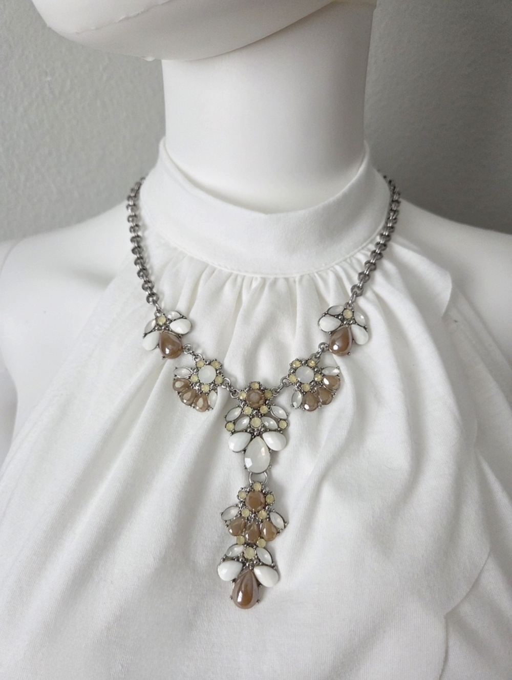 New York & Company White and Taupe Statement Y-Necklace With Silver Chain - Picture 6 of 12